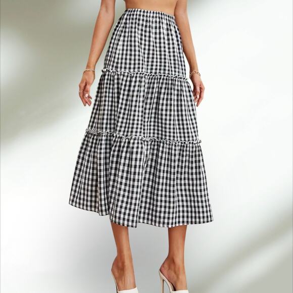 Gingham Tiered Midi Skirt Elastic Waist, Ruffle Hem  Black White Check Med NWT - Picture 2 of 5